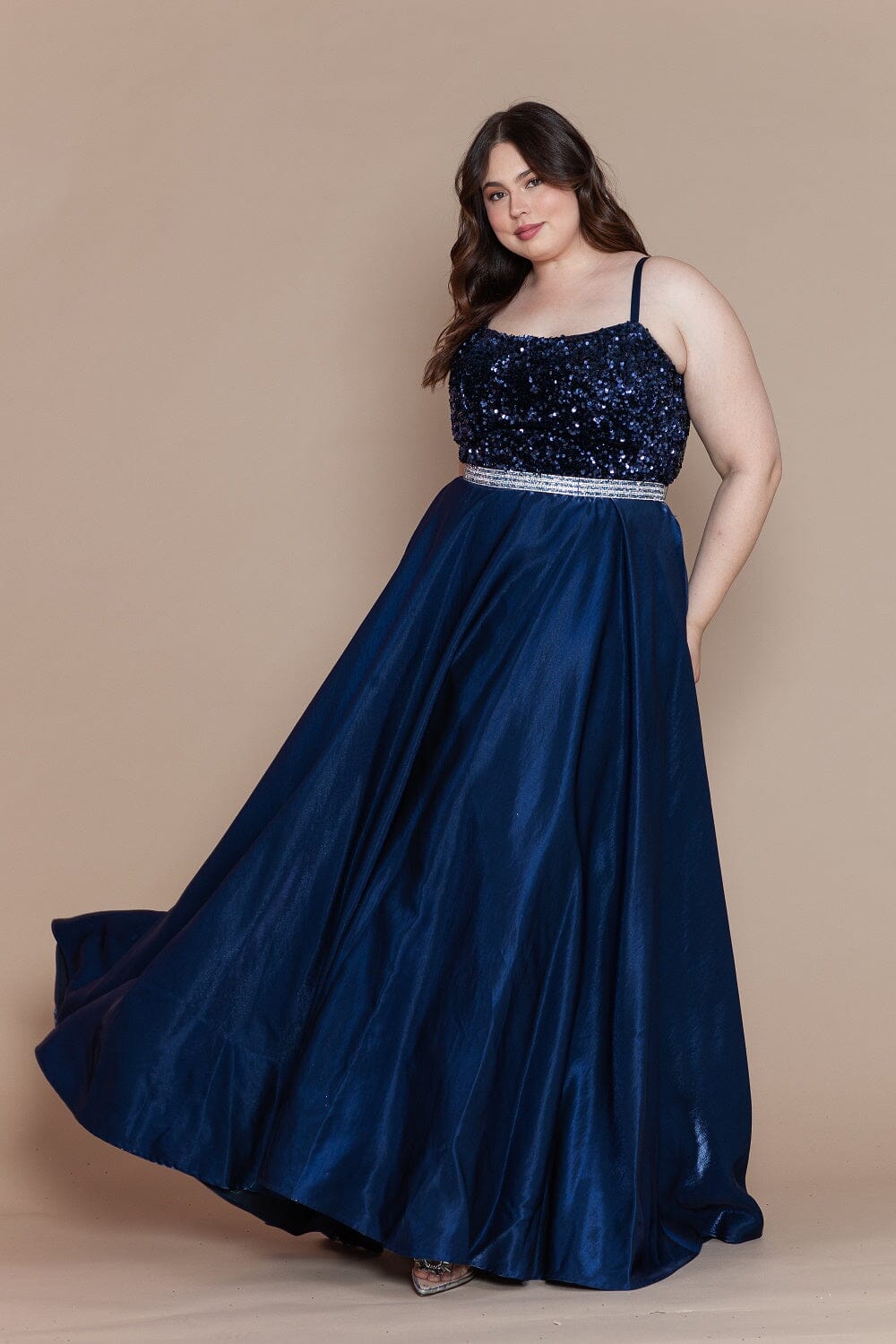Poly USA W1018 Plus Size Long Satin Dress with Sequin Bodice