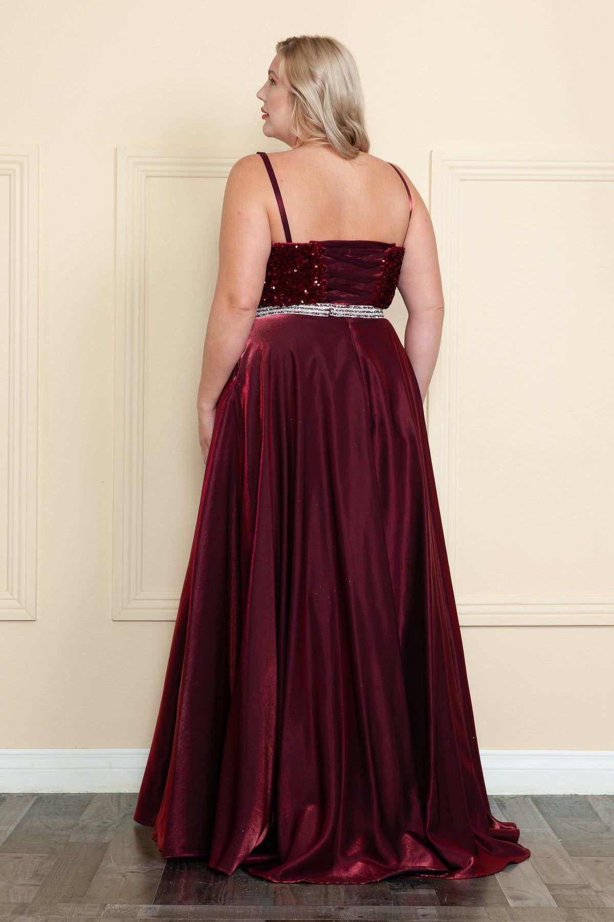Poly USA W1018 Plus Size Long Satin Dress with Sequin Bodice