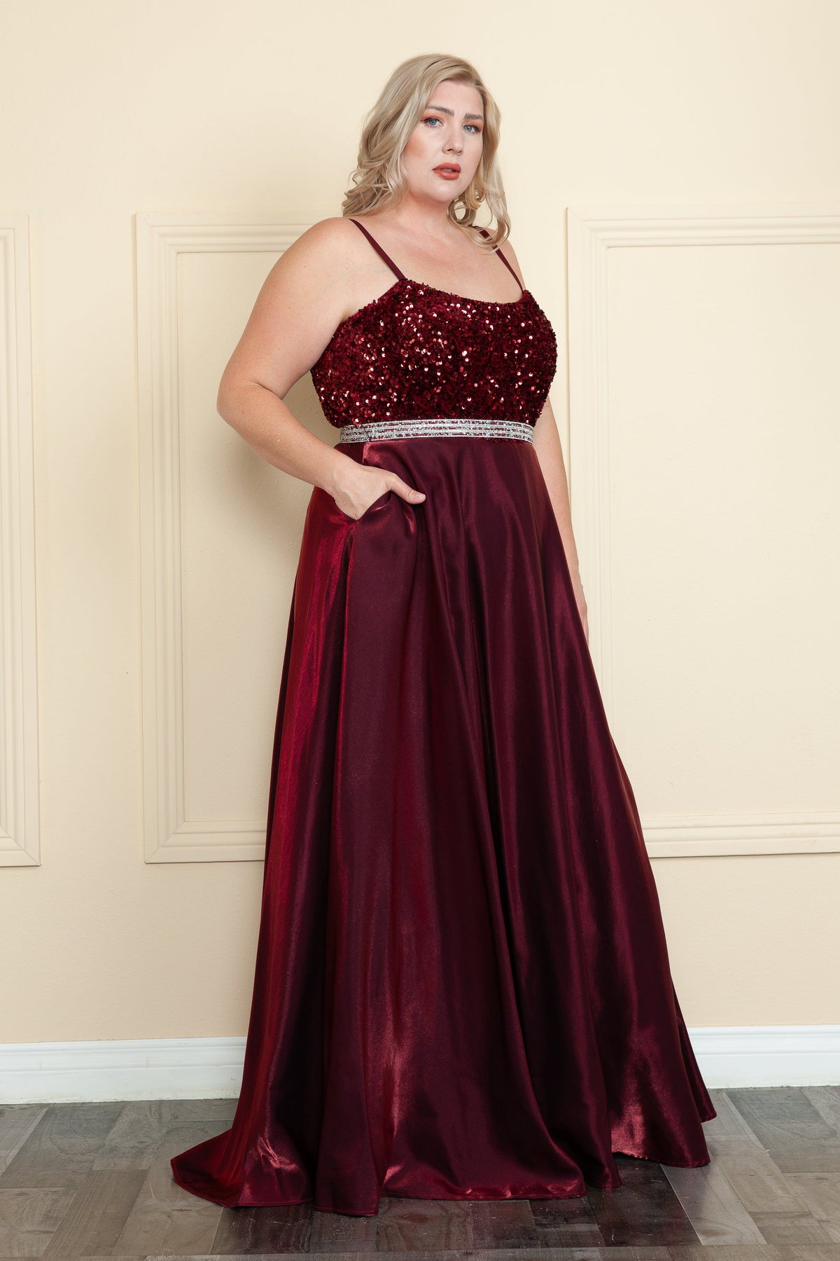 Poly USA W1018 Plus Size Long Satin Dress with Sequin Bodice