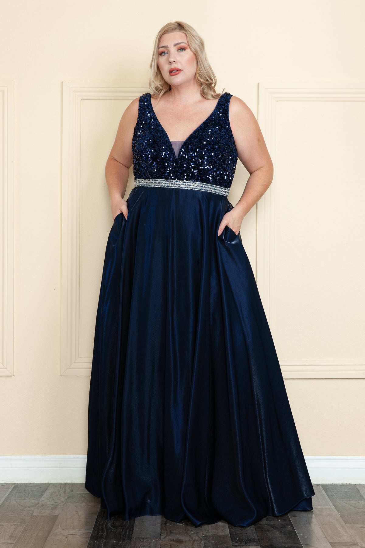 Poly USA W1006 Plus Size Long Sequin Bodice Satin Dress