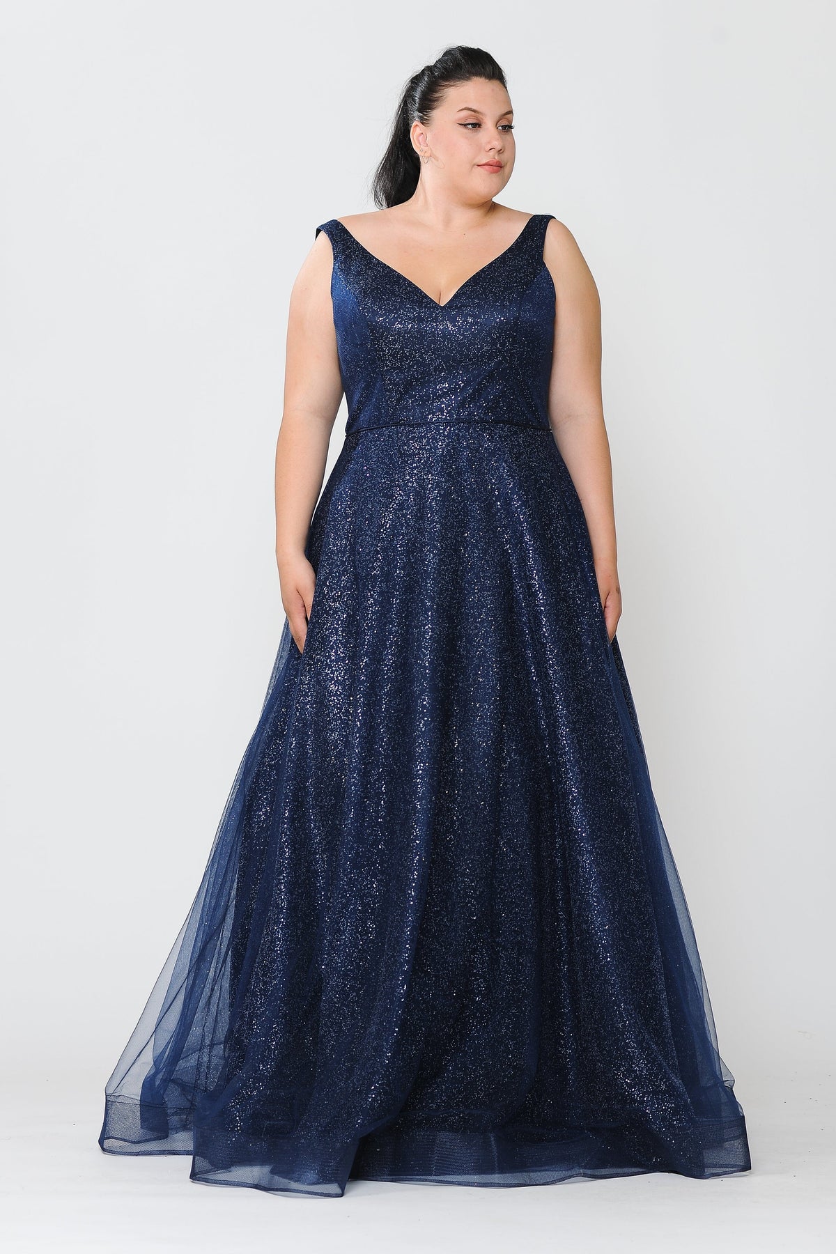 Poly USA W1024 Plus Size Long V-Neck Glitter Dress