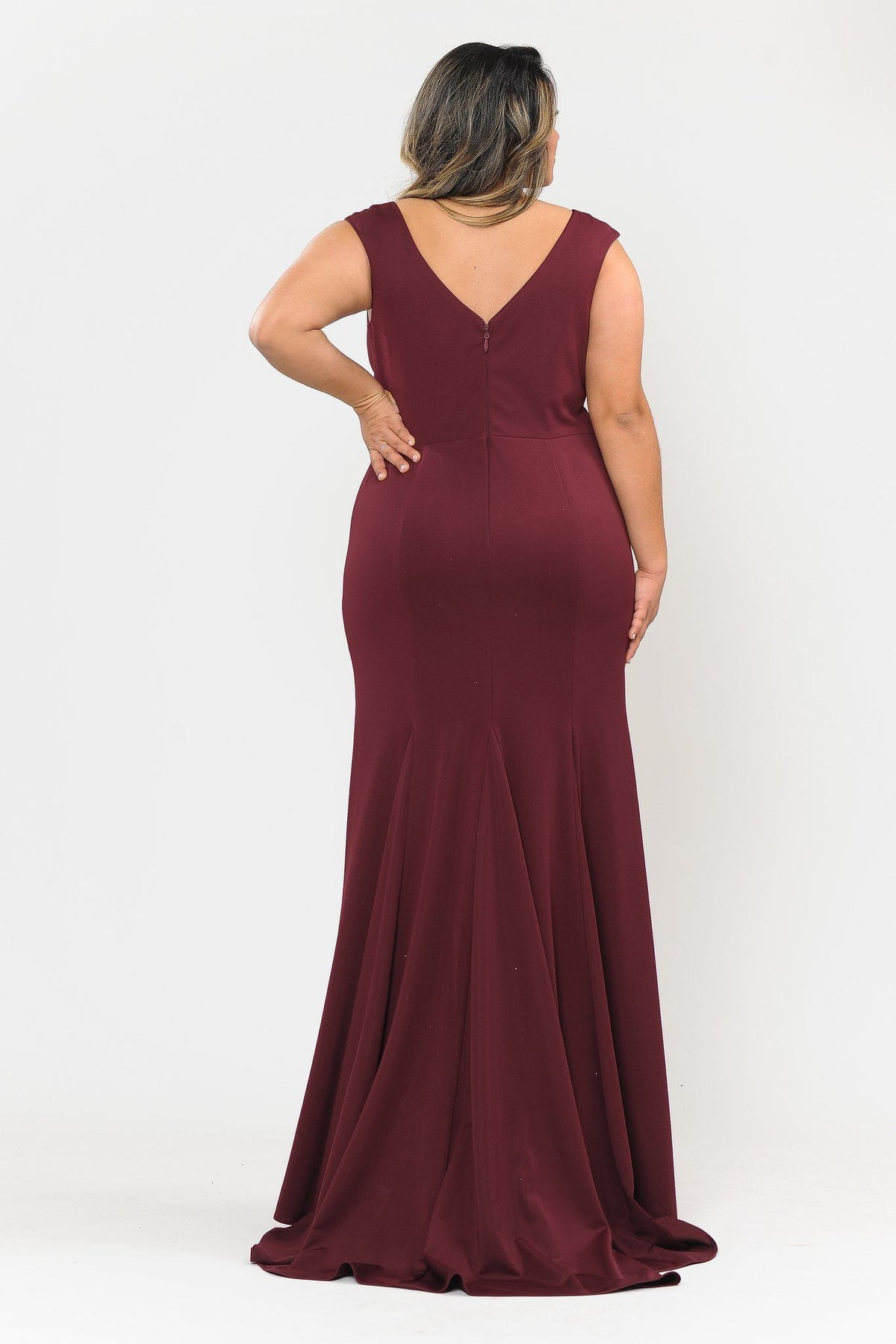 Poly USA W1022 Plus Size Long V-Neck Jersey Fitted Dress