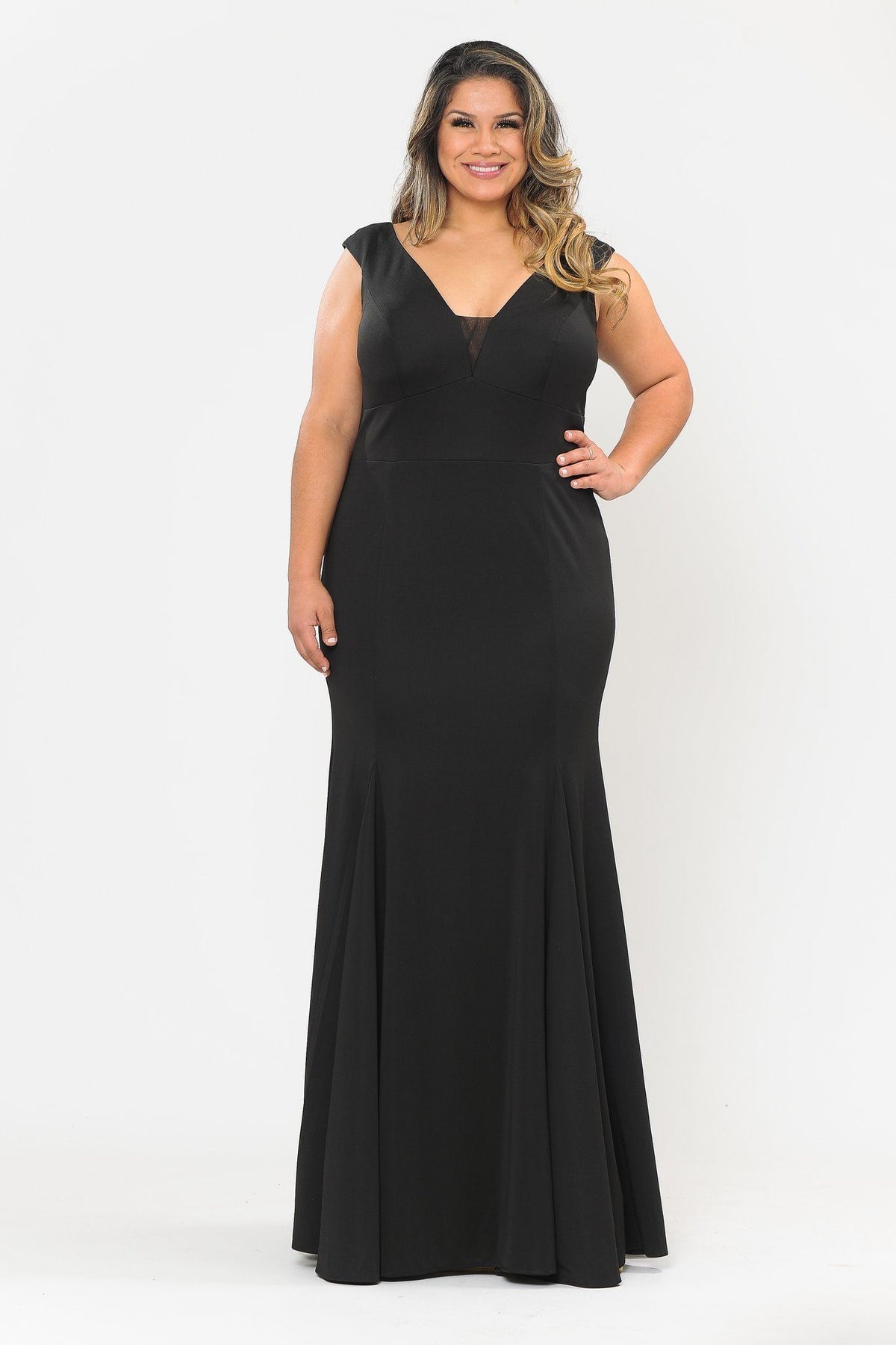 Poly USA W1022 Plus Size Long V-Neck Jersey Fitted Dress