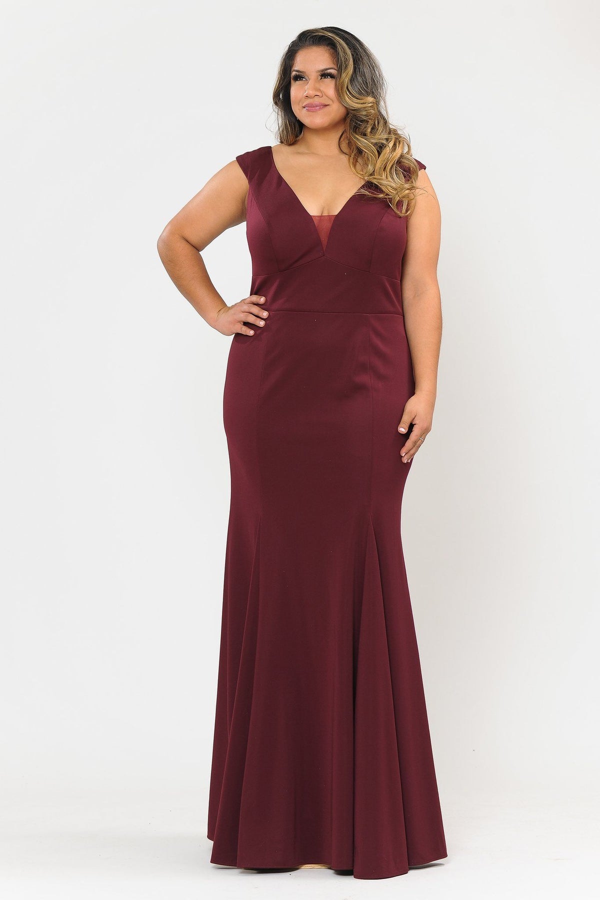 Poly USA W1022 Plus Size Long V-Neck Jersey Fitted Dress