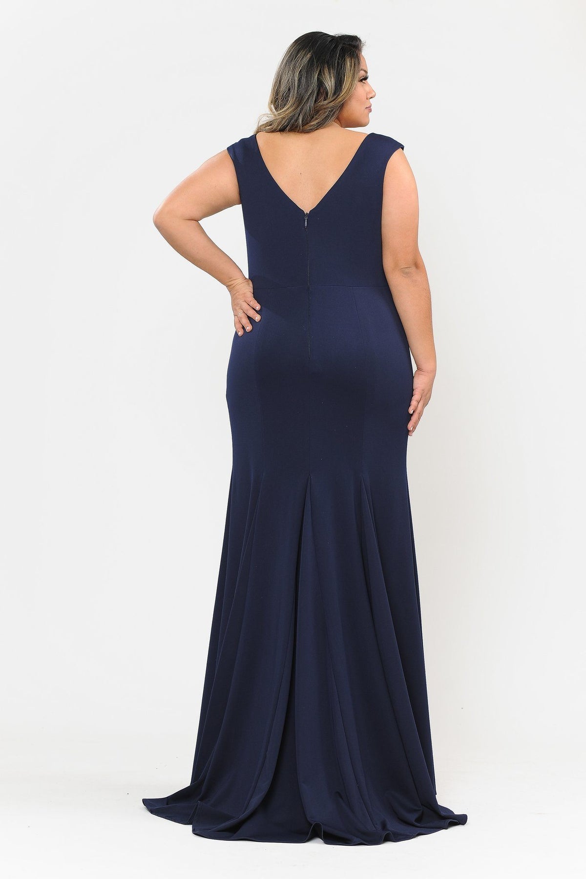 Poly USA W1022 Plus Size Long V-Neck Jersey Fitted Dress