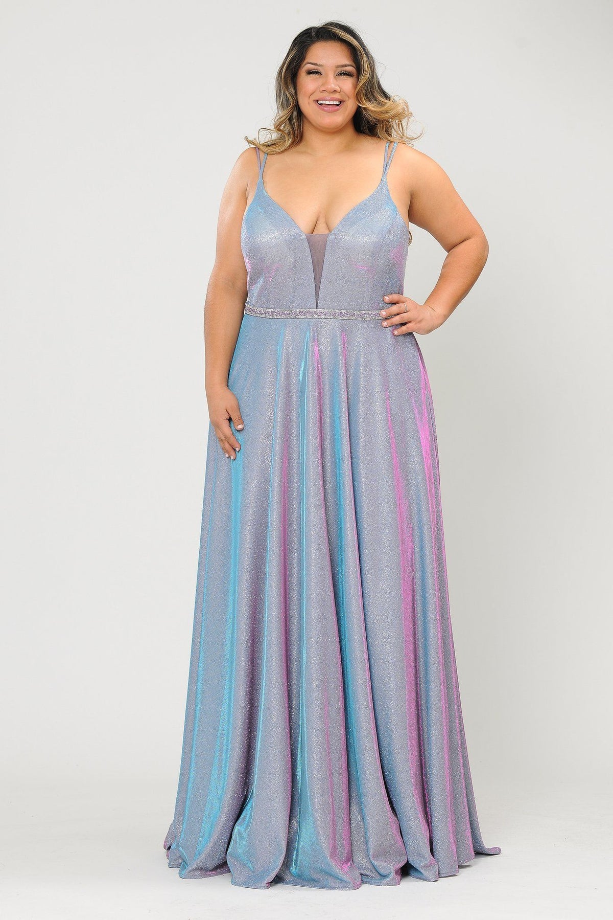 Poly USA W1048 Plus Size Long V-Neck Metallic Glitter Dress