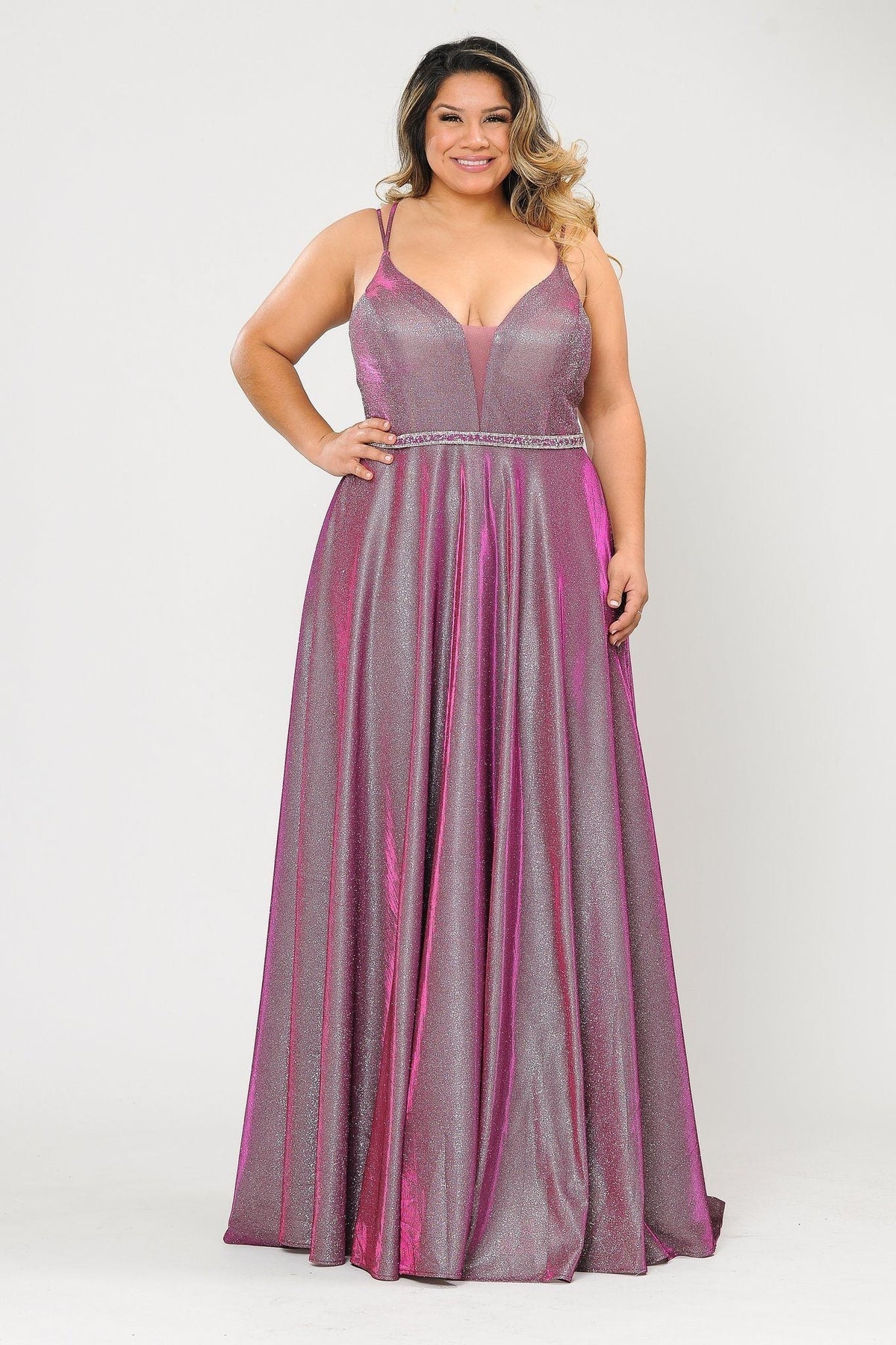 Poly USA W1048 Plus Size Long V-Neck Metallic Glitter Dress
