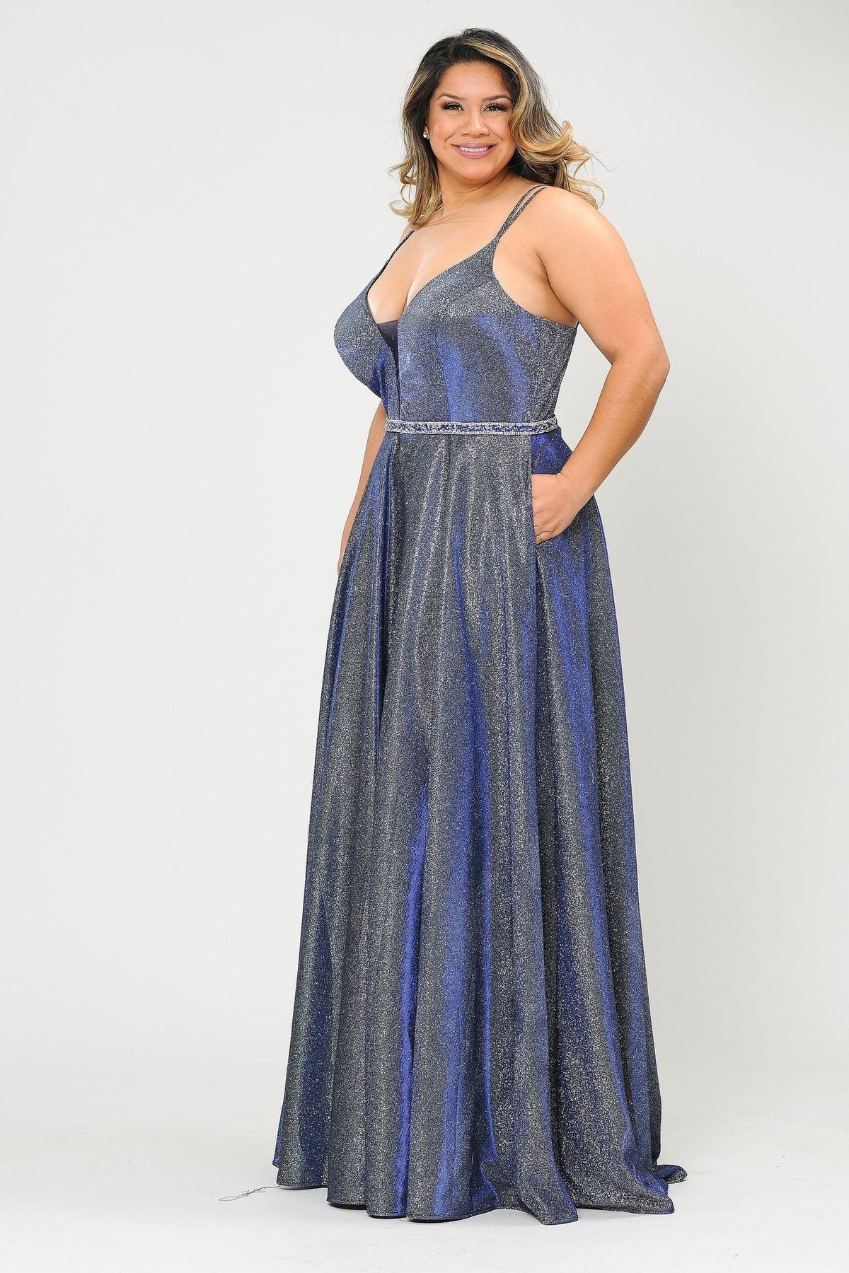 Poly USA W1048 Plus Size Long V-Neck Metallic Glitter Dress