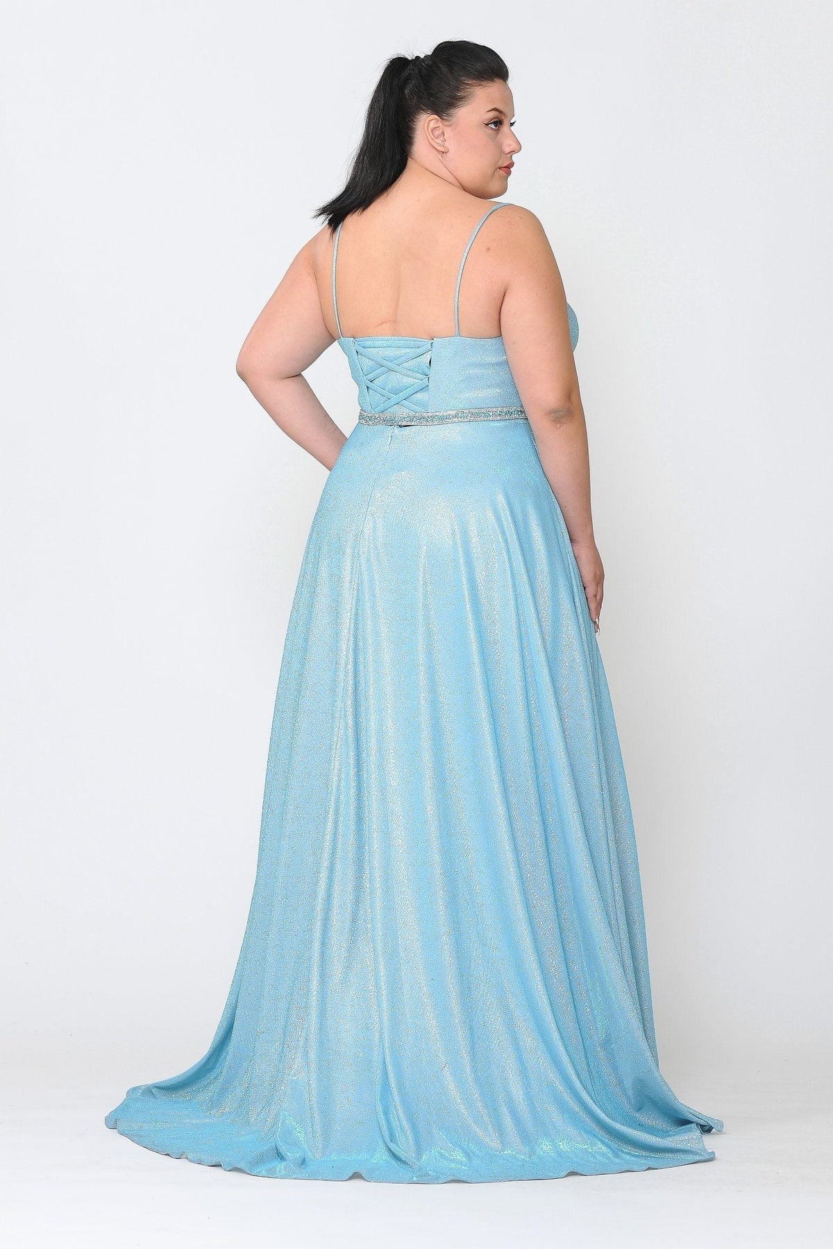 Poly USA W1048 Plus Size Long V-Neck Metallic Glitter Dress