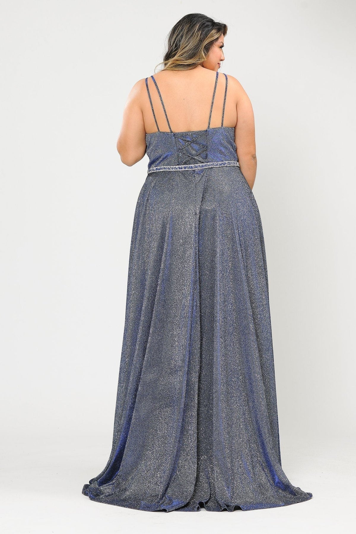 Poly USA W1048 Plus Size Long V-Neck Metallic Glitter Dress