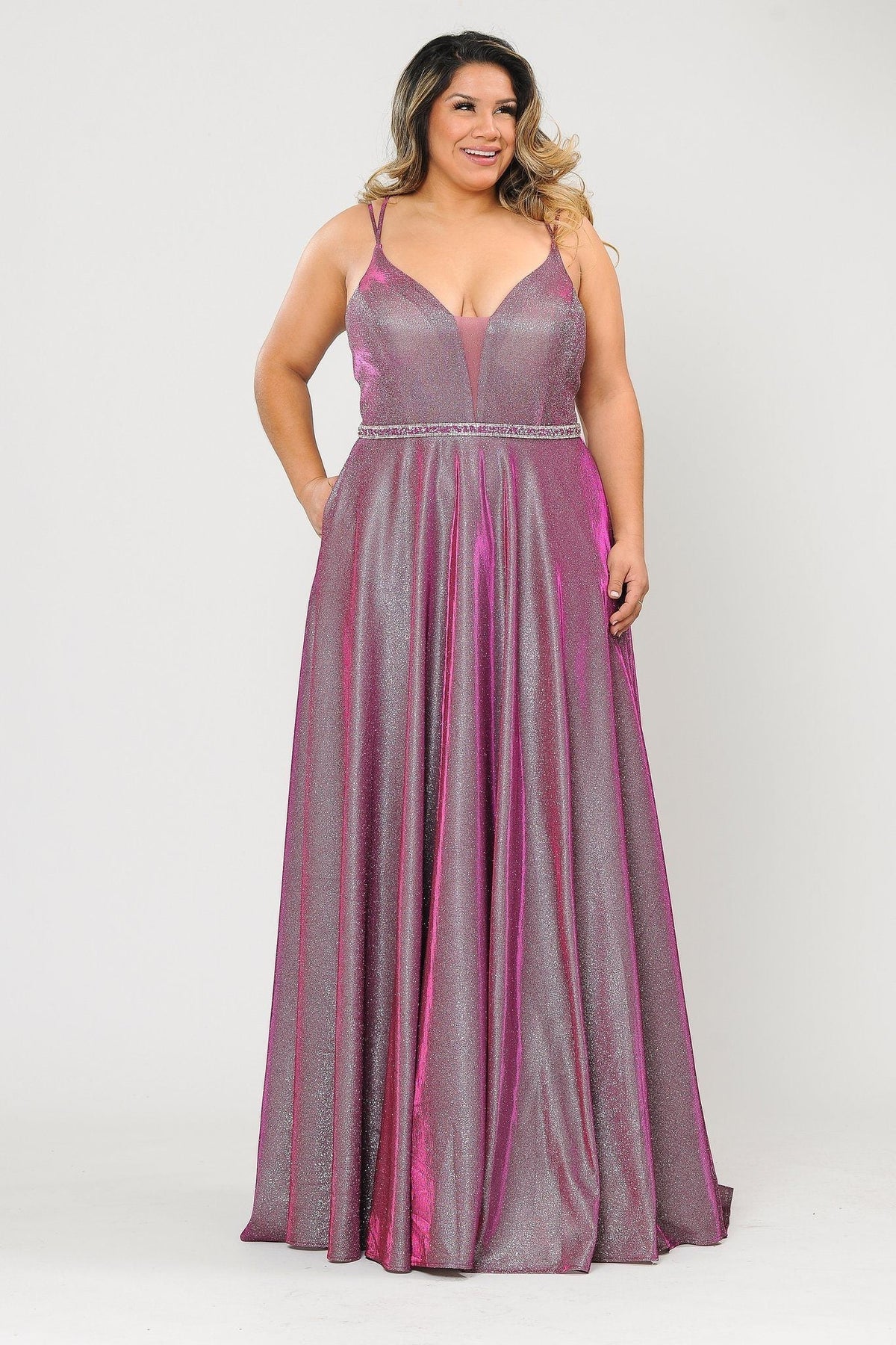 Poly USA W1048 Plus Size Long V-Neck Metallic Glitter Dress