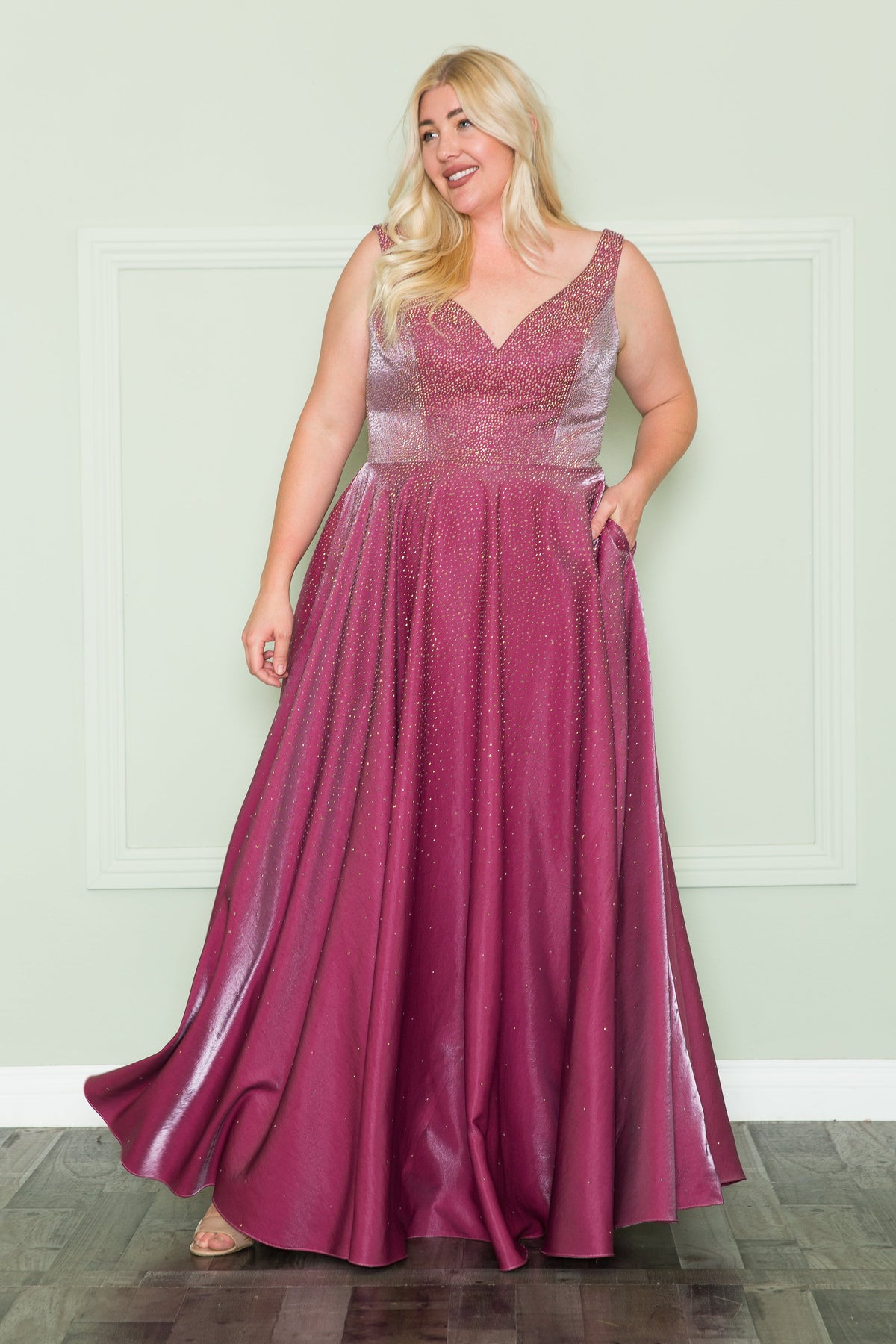 Poly USA W1110 Plus Size Long V-Neck Rhinestone Dress