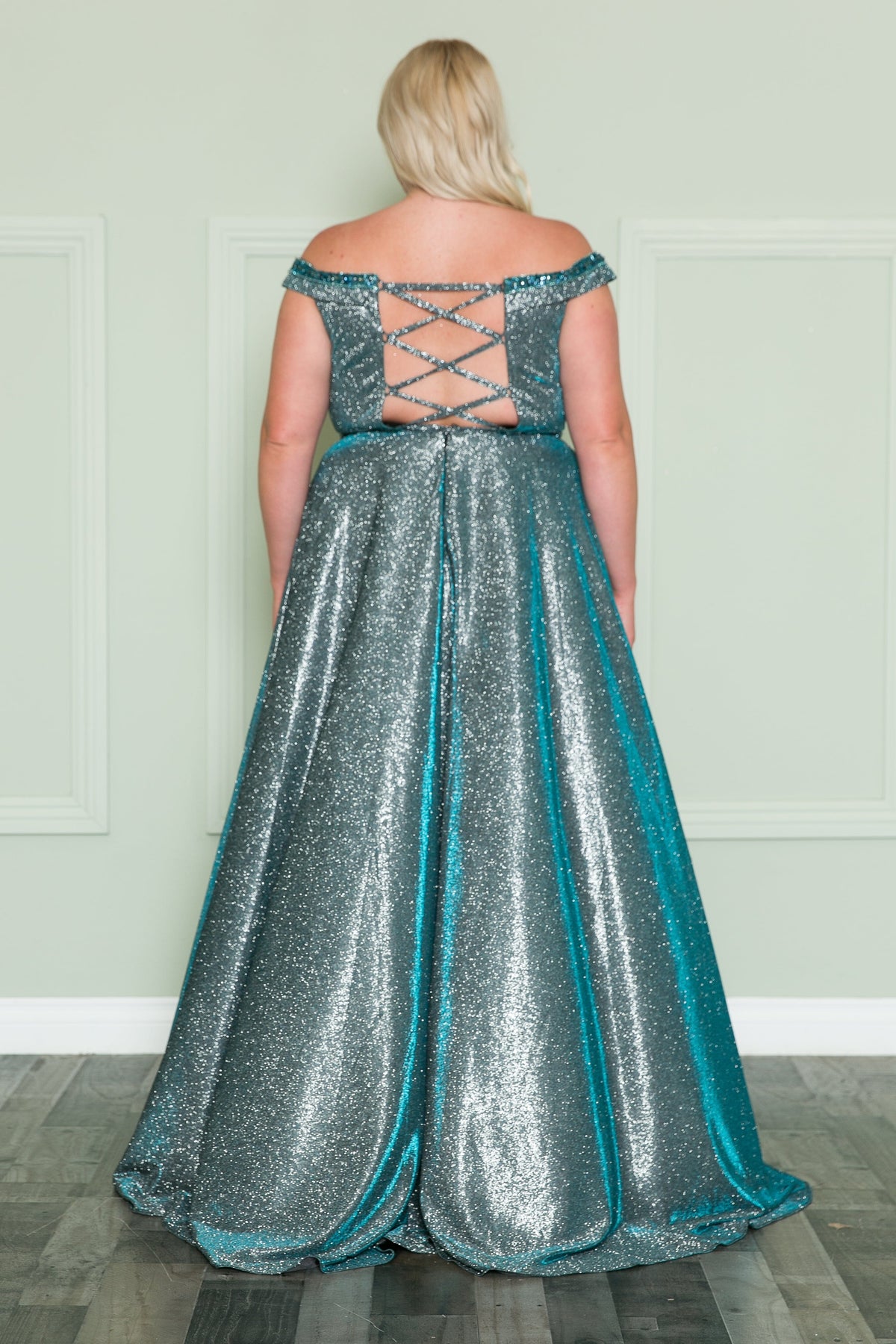 Poly USA W1096 Plus Size Off Shoulder Metallic Glitter Gown