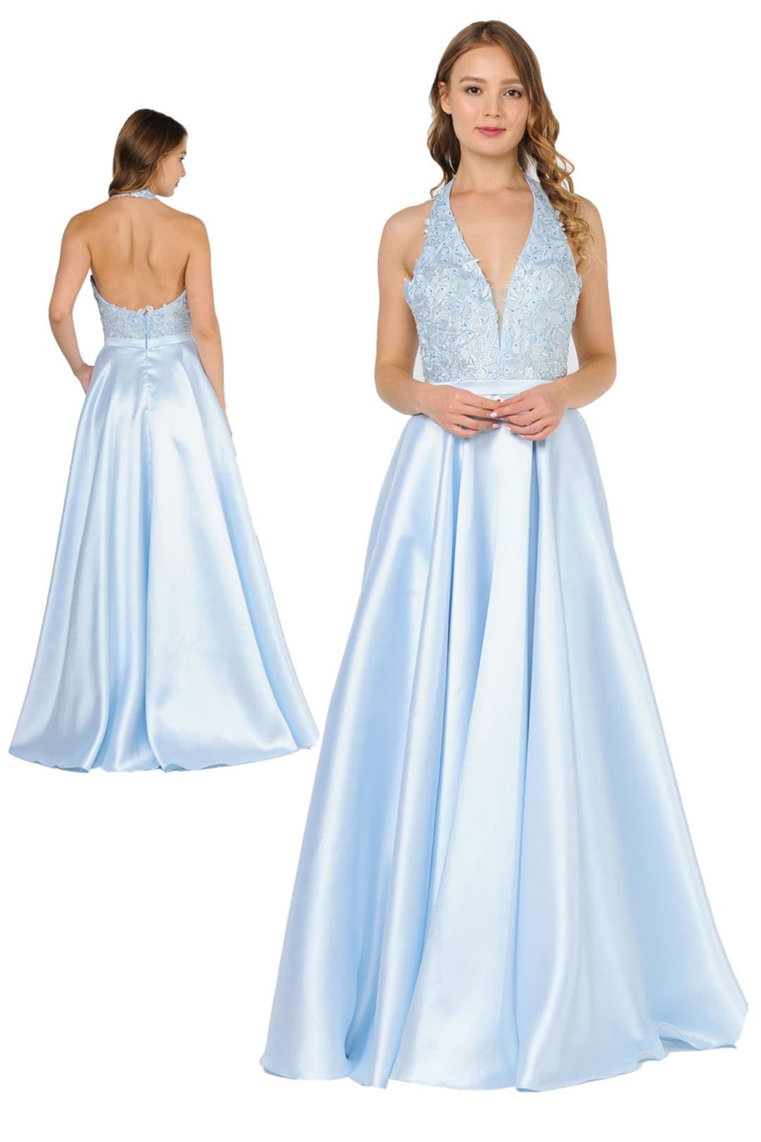 POLY USA 8316 Floral Lace Halter Prom Mikado A-line Evening Gown