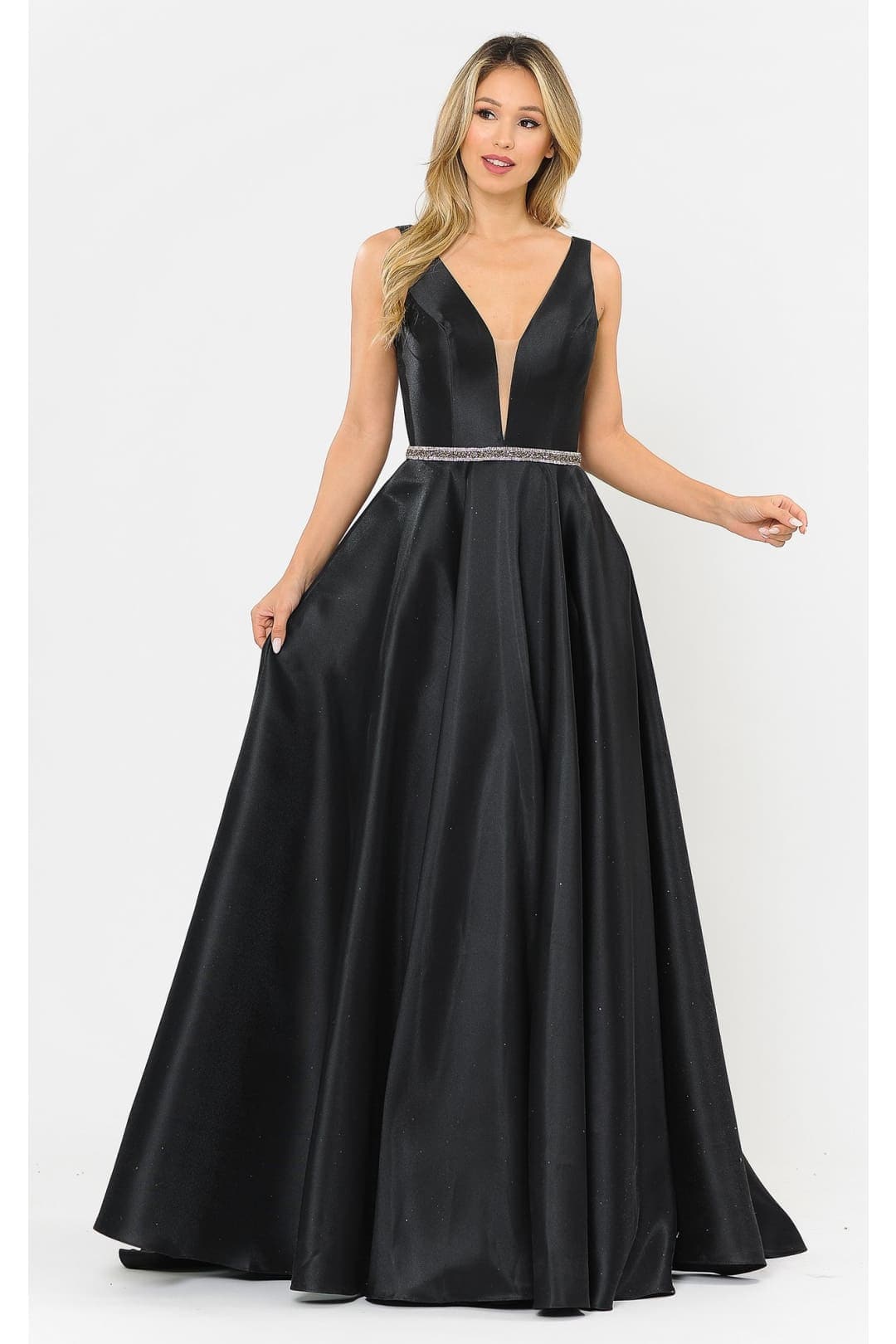 Poly USA 8682 A-Line Mikado V-Neck Red Carpet Formal Long Dress