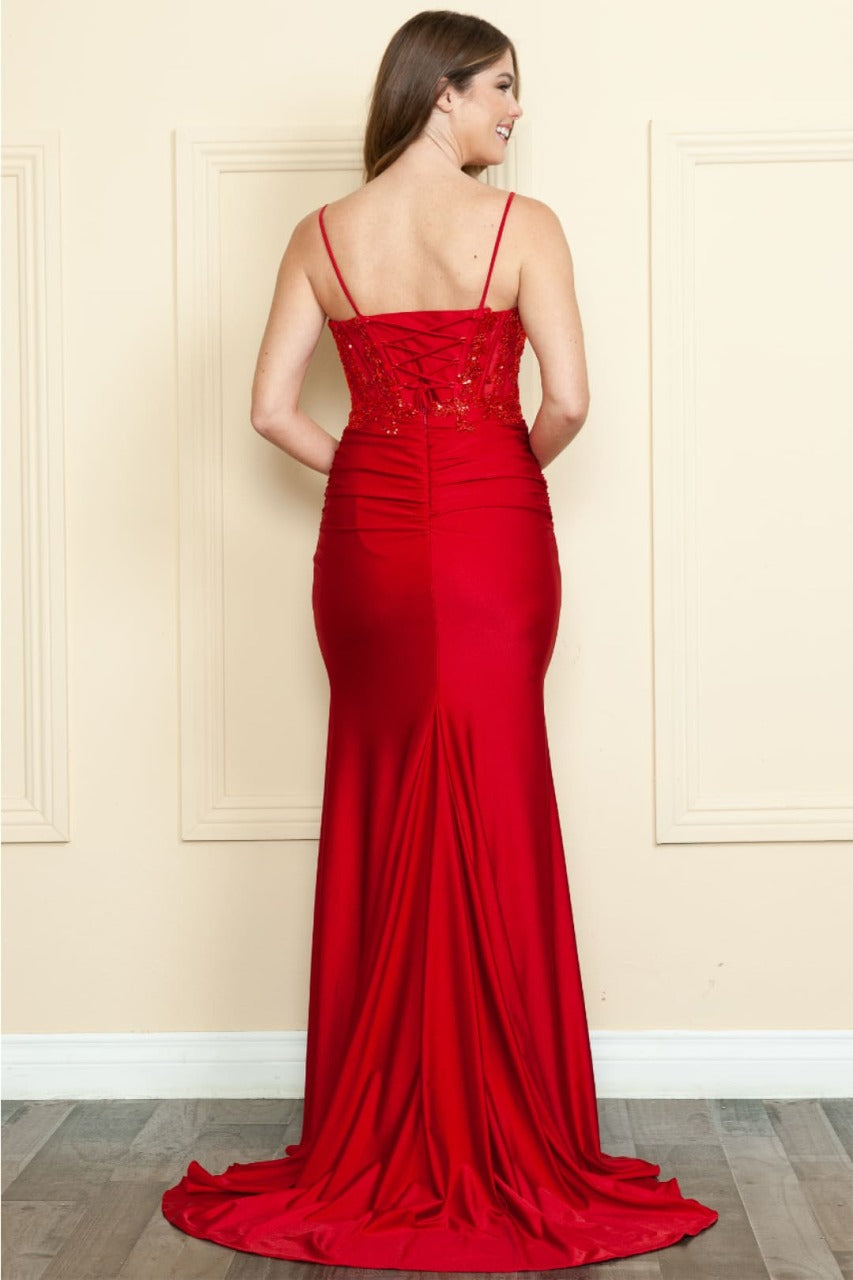 Poly USA 9138 Spaghetti Strap Corset Sheer Embroidered Prom Dress