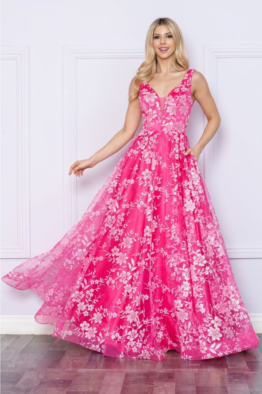 Poly USA 9298 Sleeveless Floral Glitter Print A-Line Evening Prom Gown