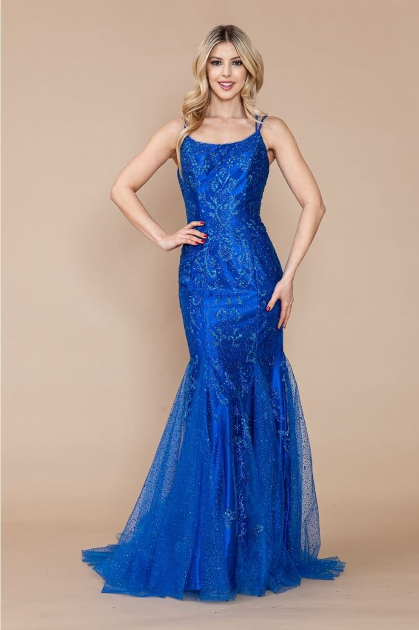 Poly USA 9306 Double Spaghetti Strap Glitter Print Mermaid Prom Gown