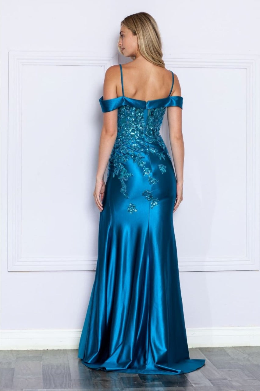 Poly USA 9350 Cold Shoulder Corset Bone Embroidered Prom Dress