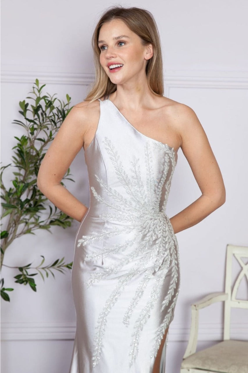 Poly USA 9358 One-Shoulder Embroidery Beaded Long Evening Dress
