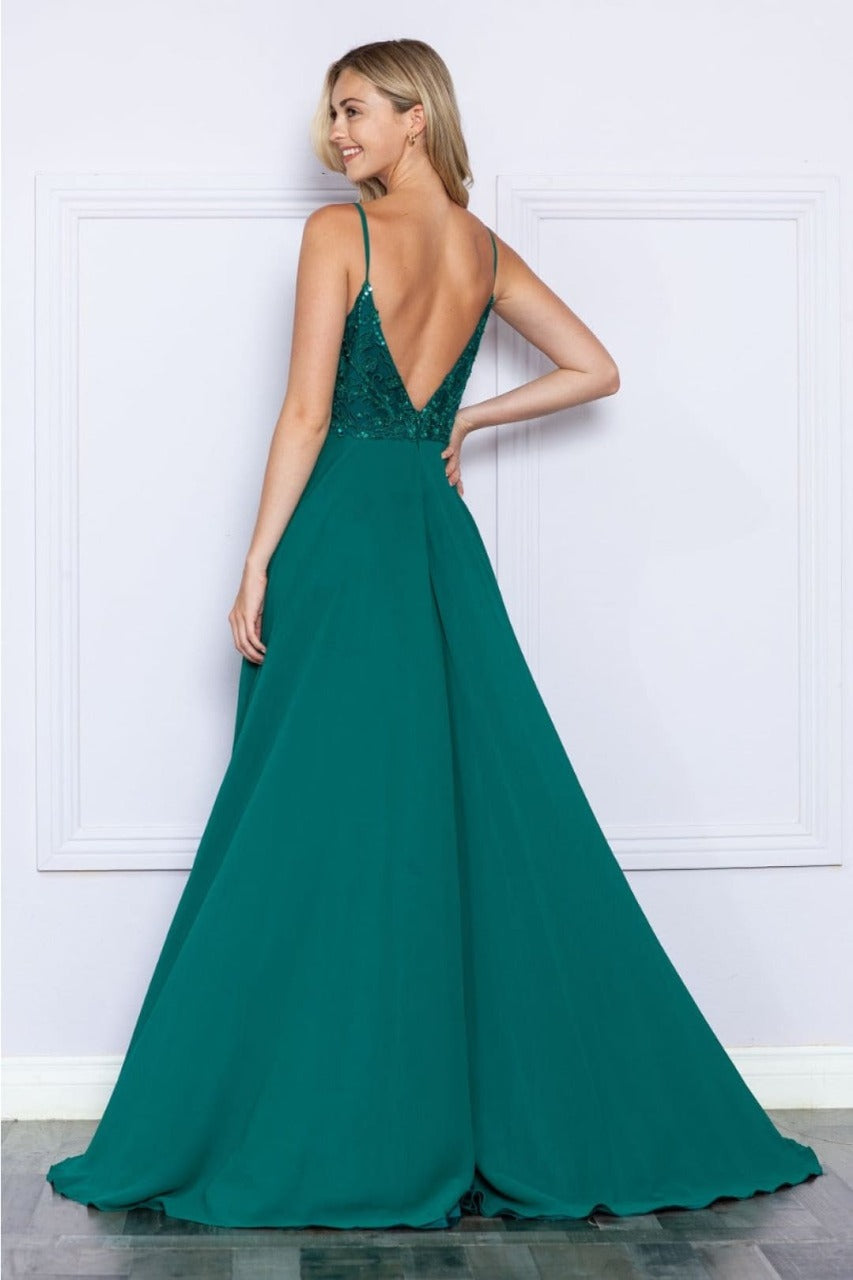 Poly USA 9368 Sleeveless Embroidered V- Neck Side Slit Formal Dress