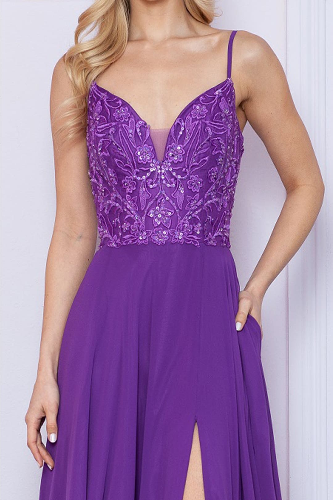 Poly USA 9368 Sleeveless Embroidered V- Neck Side Slit Formal Dress