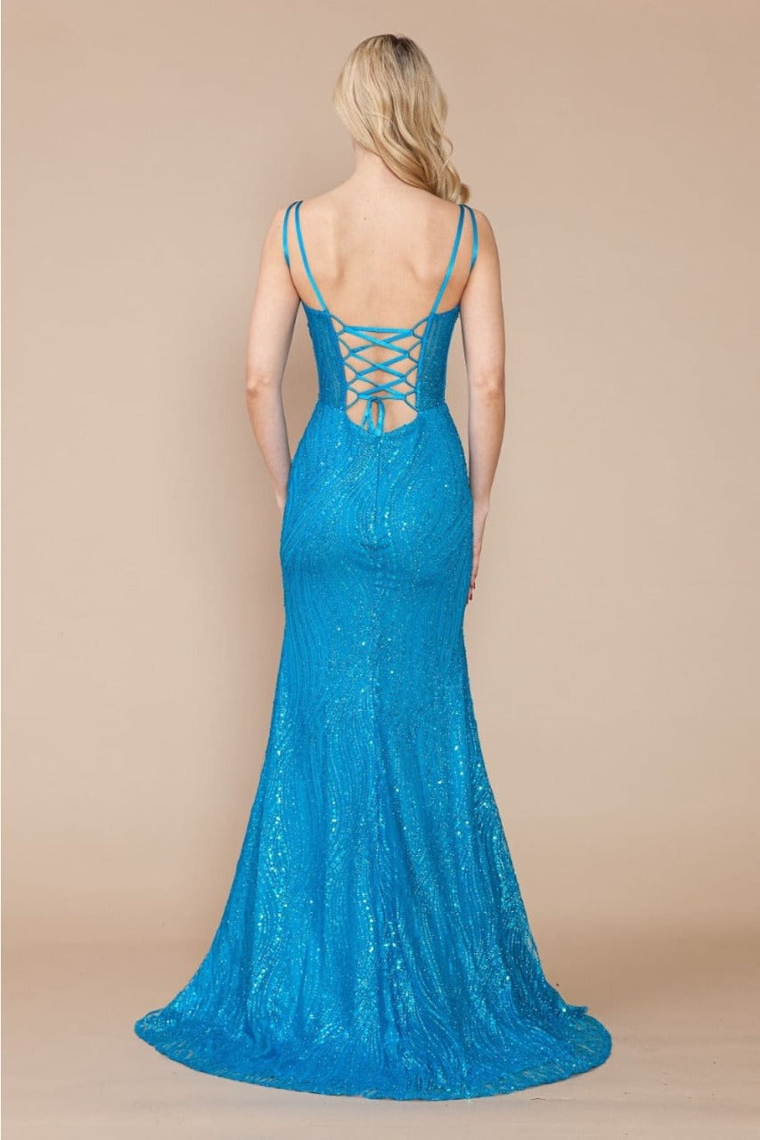 Poly USA 9400 Spaghetti Strap Glitter Mesh Corset Red Carpet Dress