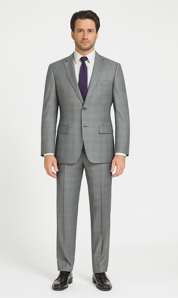 Pompey Collection - Men's Glen Plaid Dress Suit 2 Piece Regular Fit in Gray