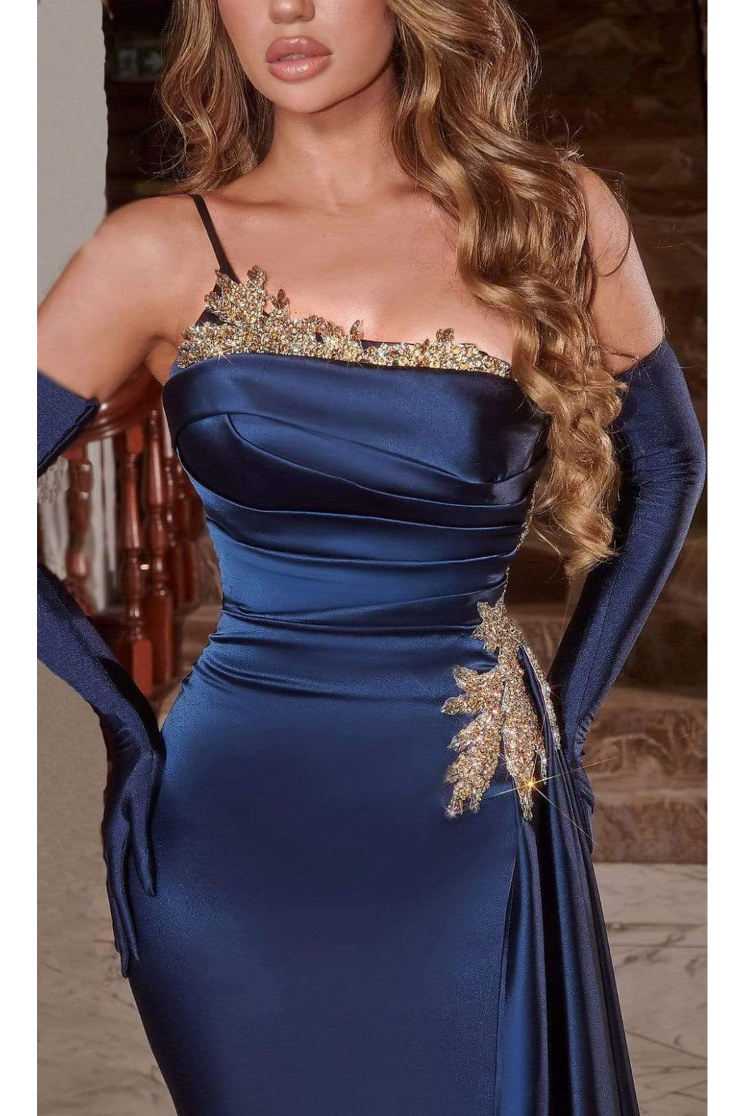 Portia and Scarlett PS22122 -long- Metallic Accent Neckline Trumpet Gown for a Daring Statement