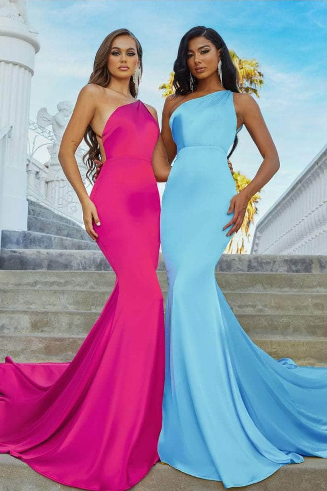 Portia and Scarlett PS22358 -long- Asymmetric Neck Trumpet Gown with Train for a Striking Entrance