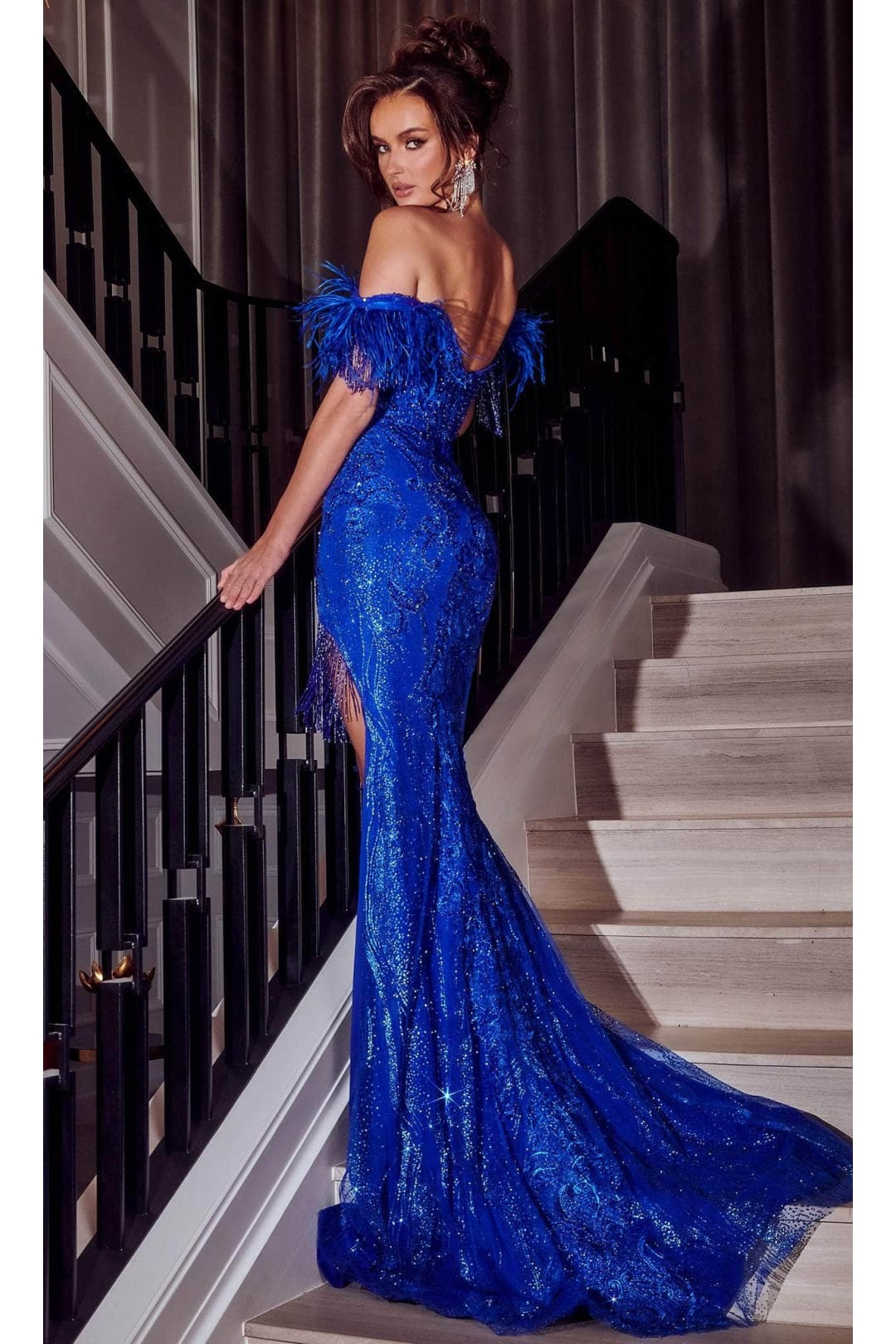 Portia and Scarlett PS23302 -long- Beaded Evening Gown with Feathered Sleeves for a Dramatic Touch