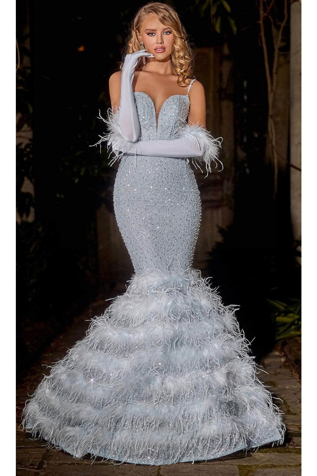 Portia and Scarlett PS24037 -long- Trumpet Prom Dress with Feather Details