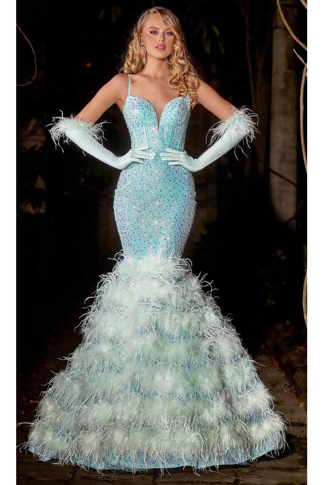 Portia and Scarlett PS24037 -long- Trumpet Prom Dress with Feather Details