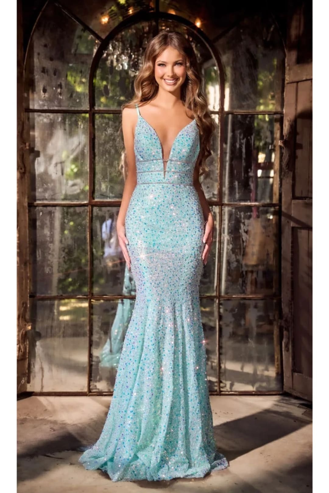 Portia and Scarlett PS24041 Plunging Neck Sequin Mermaid long Dress