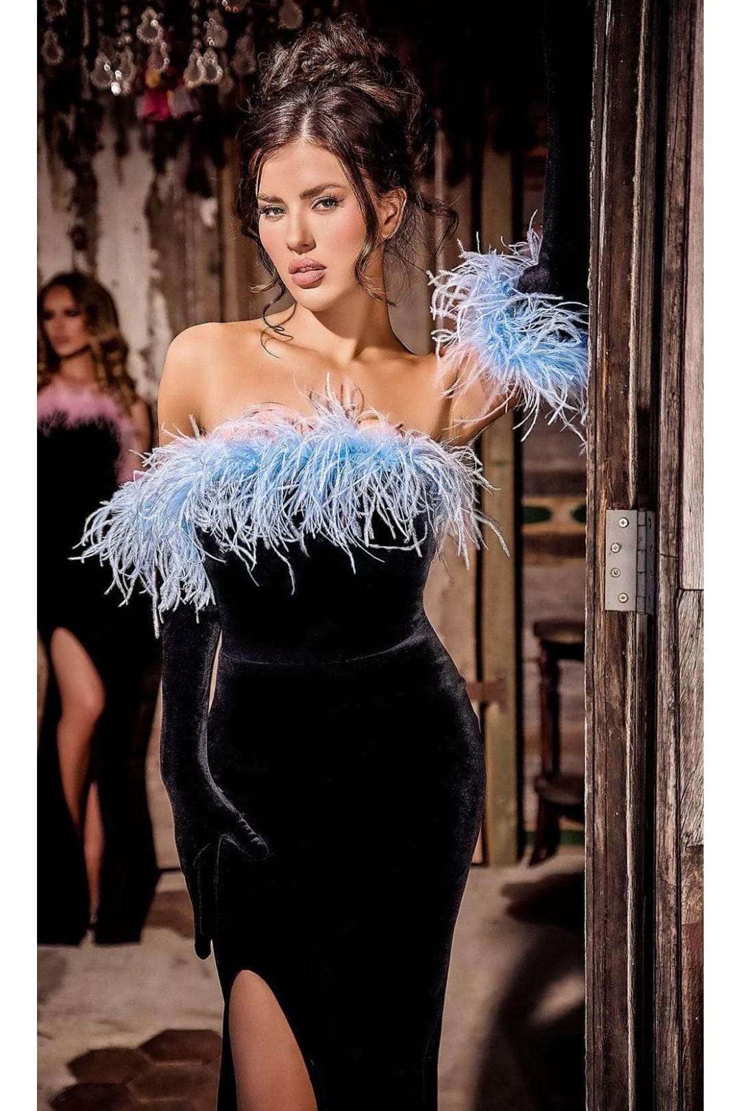 Portia and Scarlett PS24049 -long- Velvet Prom Dress with Feathers