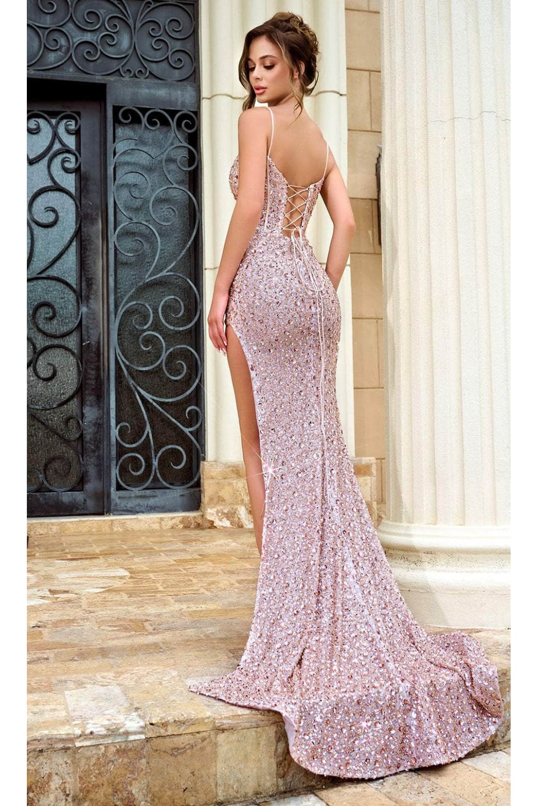 Portia and Scarlett PS24057 -long- Lace-Up Sequin Prom Dress