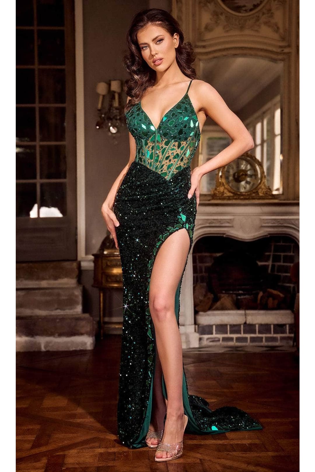 Portia and Scarlett PS24694 - long-V-Neck Sheath Gown Embellished with Sequins