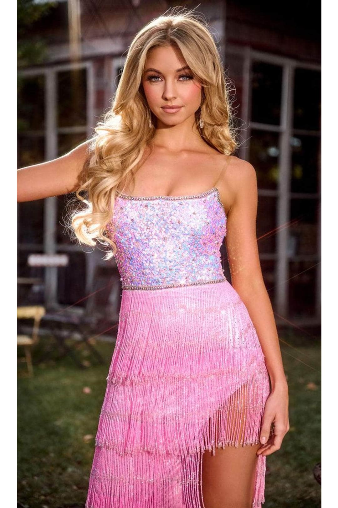 Portia and Scarlett PS24813 High Low Sequin Beaded Fringe Prom Dress