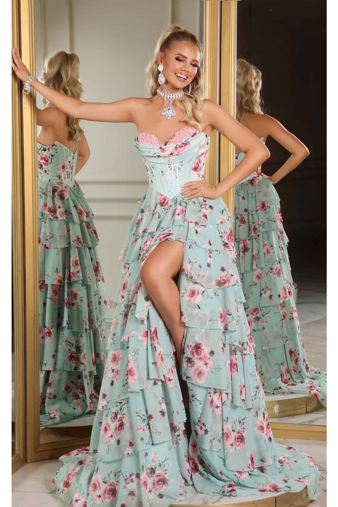 Portia and Scarlett PS25960 Floral Print Dress High Slit Formal Gown