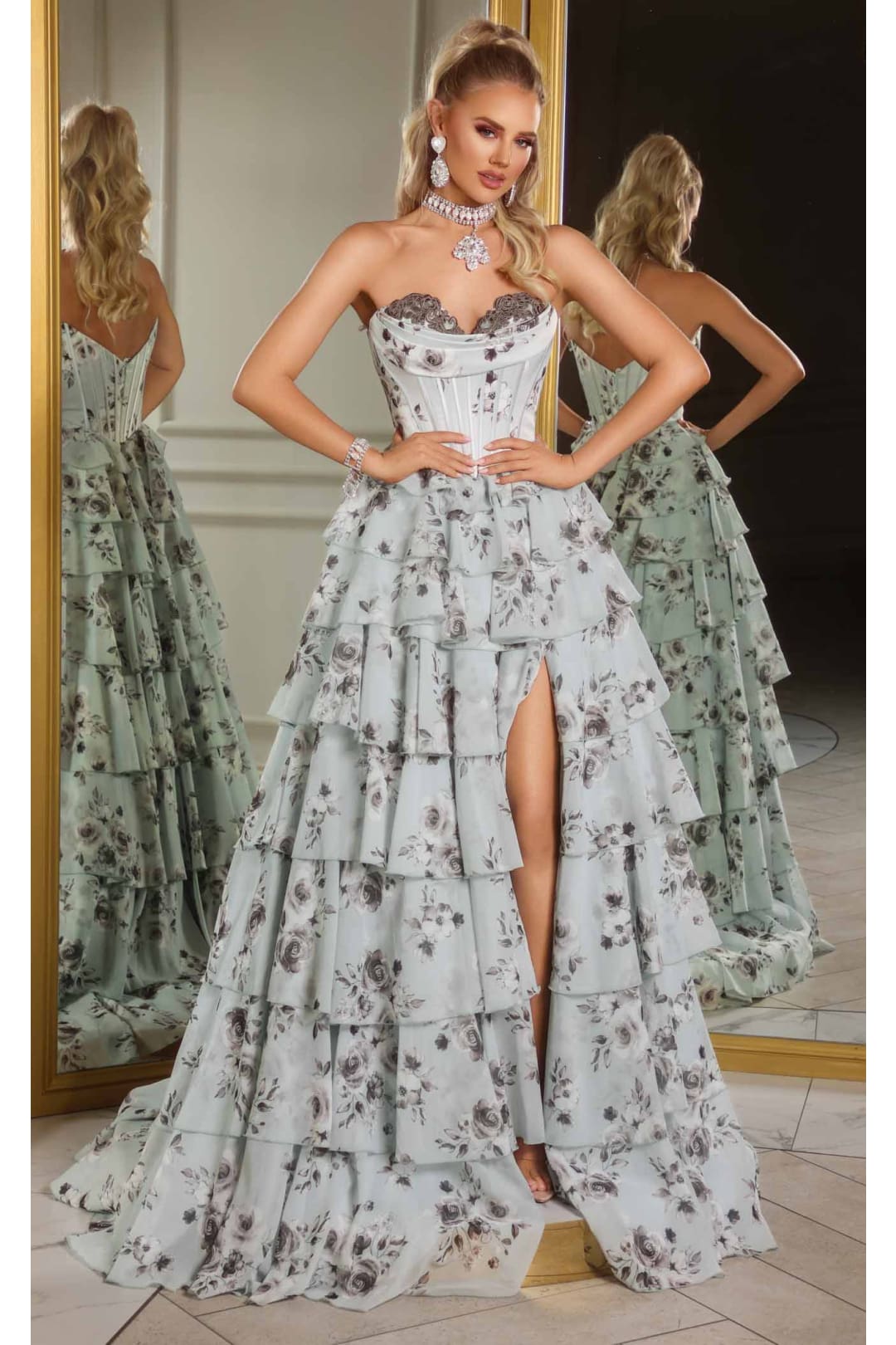 Portia and Scarlett PS25960 Floral Print Dress High Slit Formal Gown