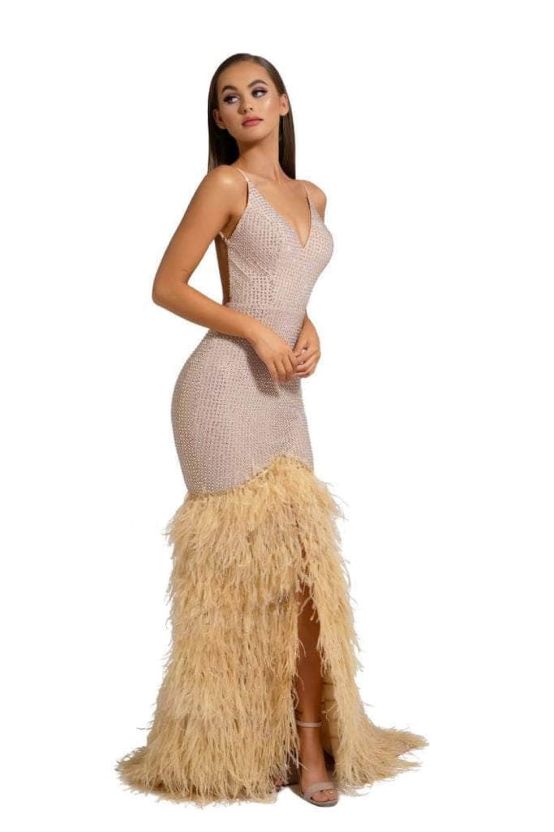 Portia and Scarlett PS6826 -long- V-Neck Feathered Dress