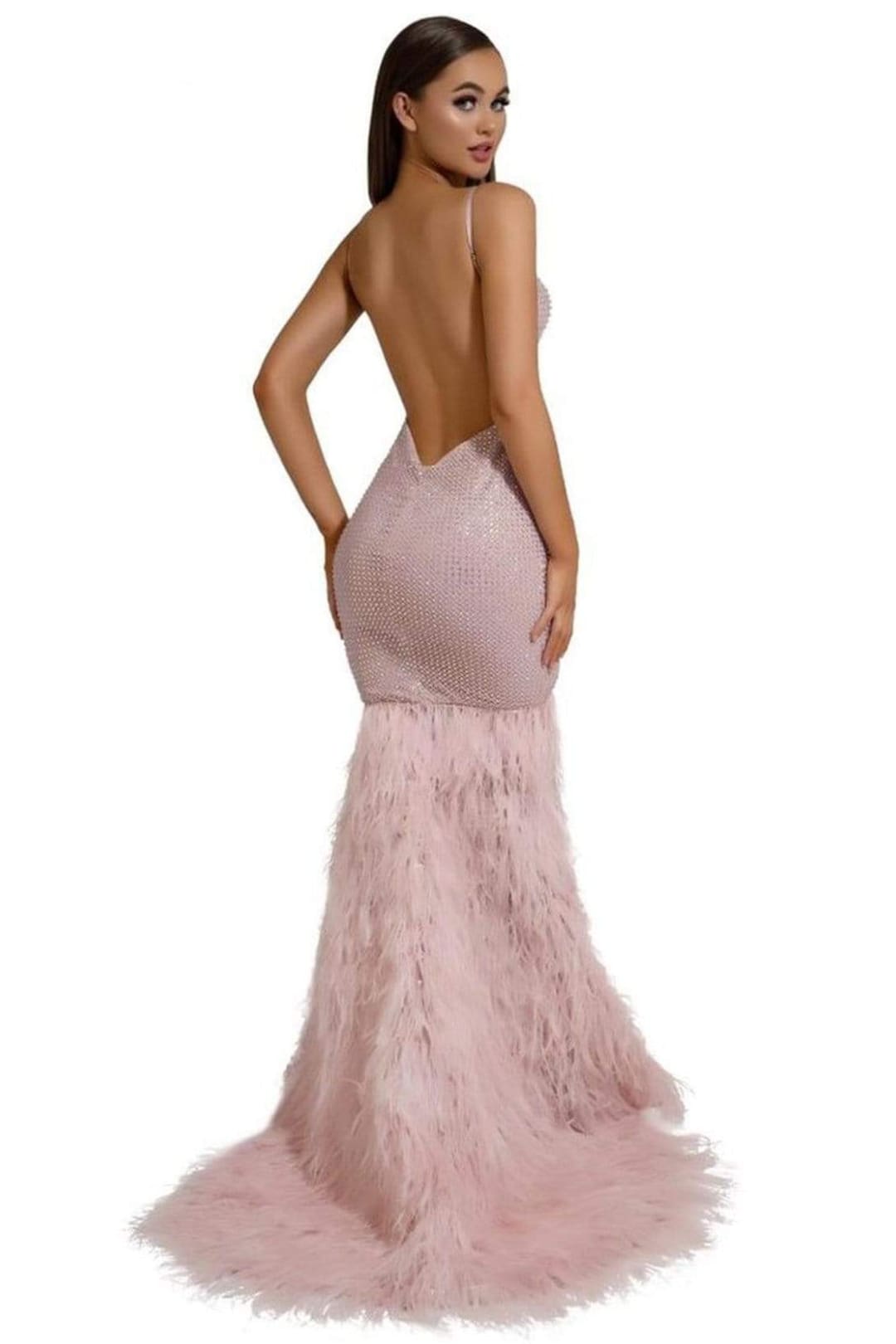 Portia and Scarlett PS6826 -long- V-Neck Feathered Dress