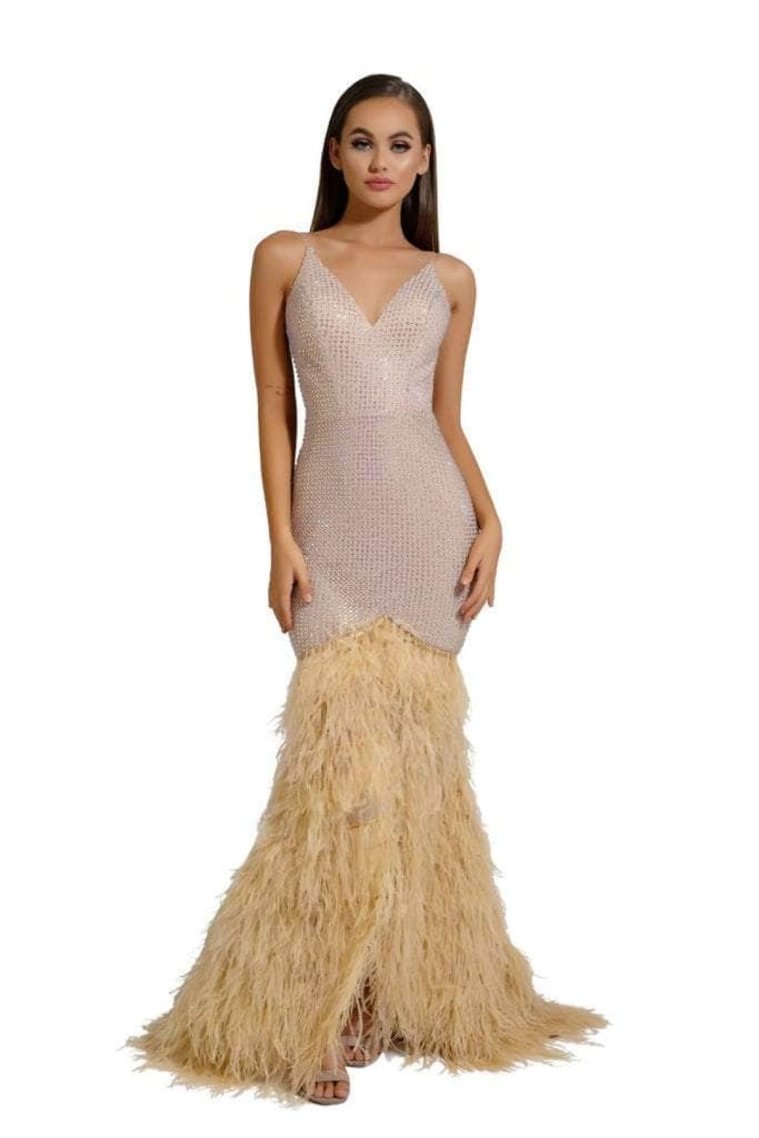 Portia and Scarlett PS6826 -long- V-Neck Feathered Dress