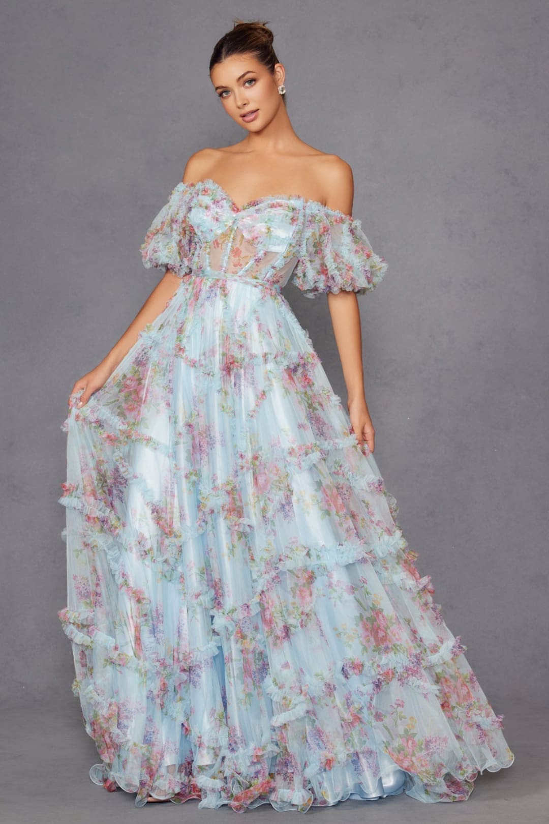 Floral Print Off Shoulder Dress Ruffled Gown by Juliet JT2887C