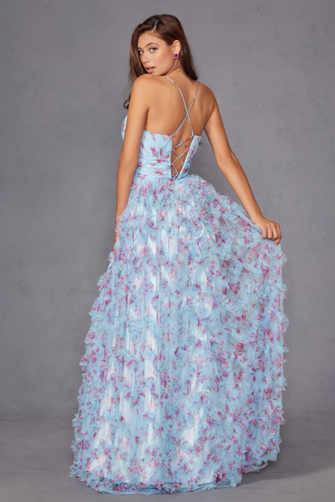 Print Sleeveless Ruffled Slit Gown by Juliet JT2572U