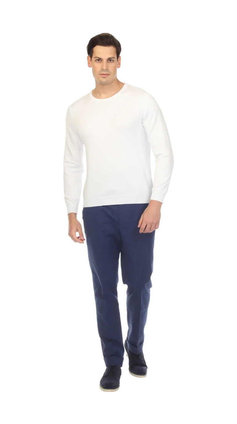 Sam Jacobi Men's Pullover White Knitted Sweater Crewneck Stylish Knitwear Long Sleeve Casual Slim Fit