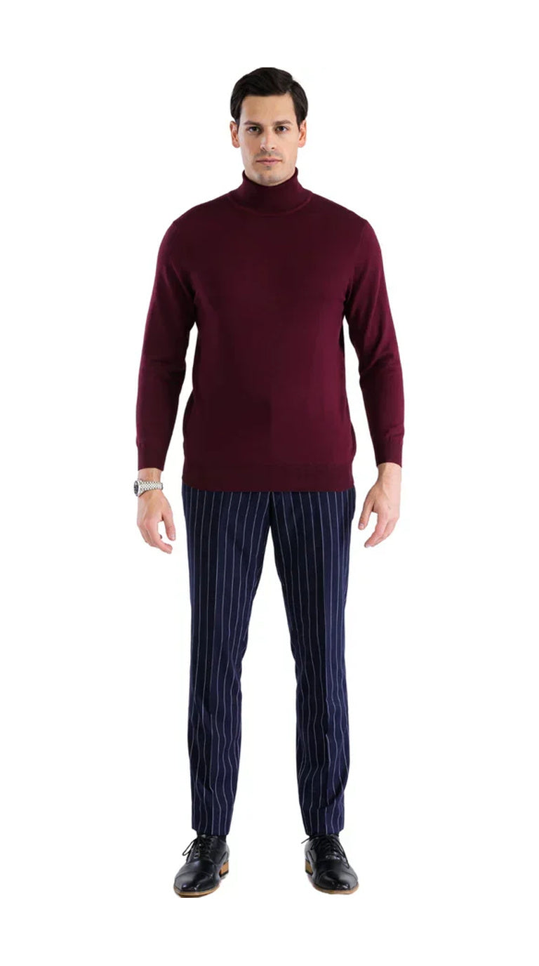 Sam Jacobi Men's Pullover Burgundy Knitted Sweater V-neck Stylish Knitwear Long Sleeve Casual Slim Fit