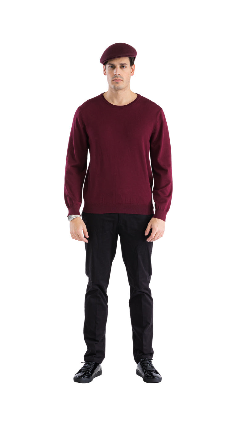 Sam Jacobi Men's Pullover Burgundy Knitted Sweater Crewneck Stylish Knitwear Long Sleeve Casual Slim Fit