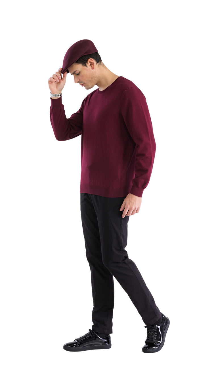 Sam Jacobi Men's Pullover Burgundy Knitted Sweater Crewneck Stylish Knitwear Long Sleeve Casual Slim Fit