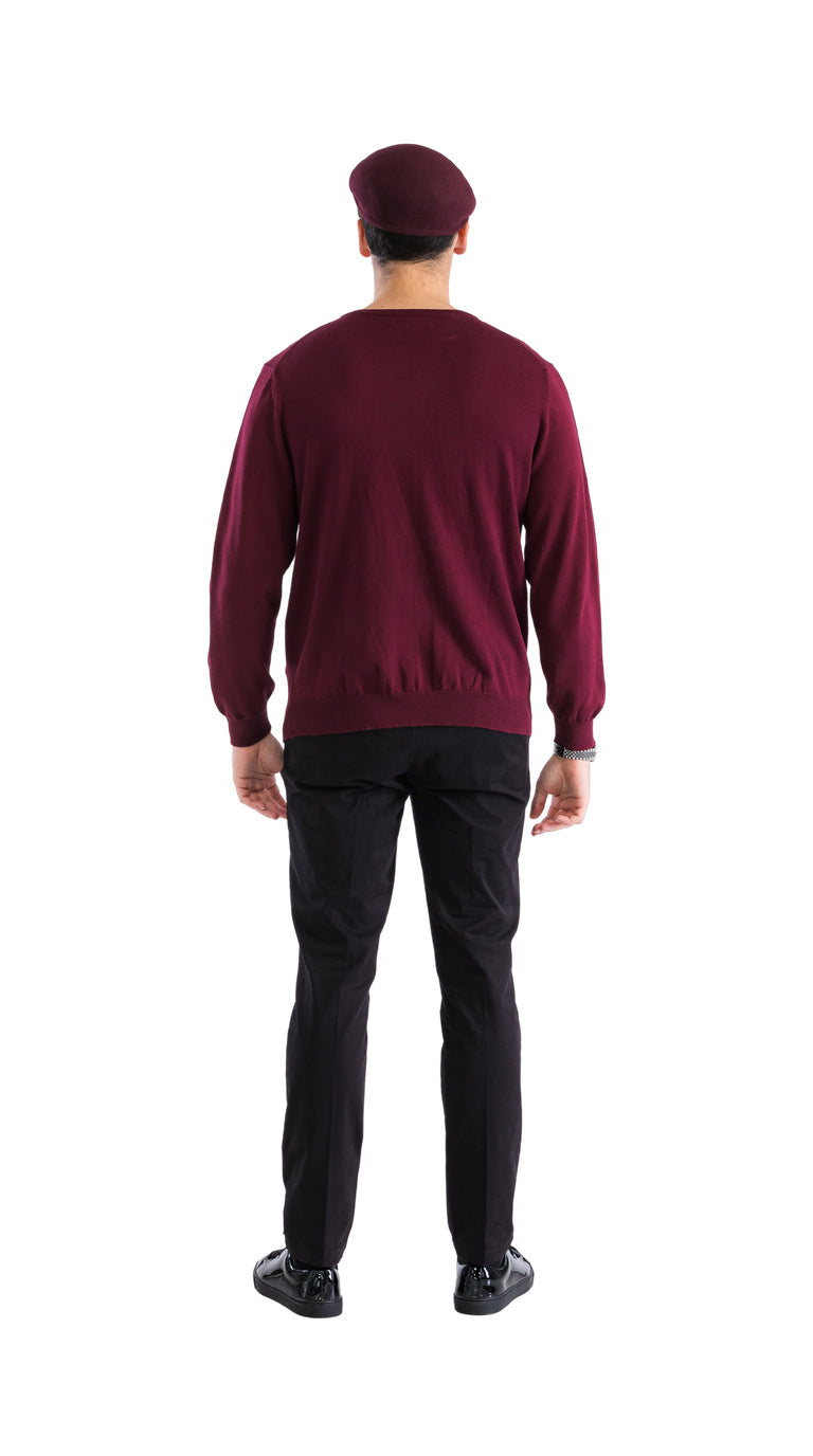 Sam Jacobi Men's Pullover Burgundy Knitted Sweater Crewneck Stylish Knitwear Long Sleeve Casual Slim Fit